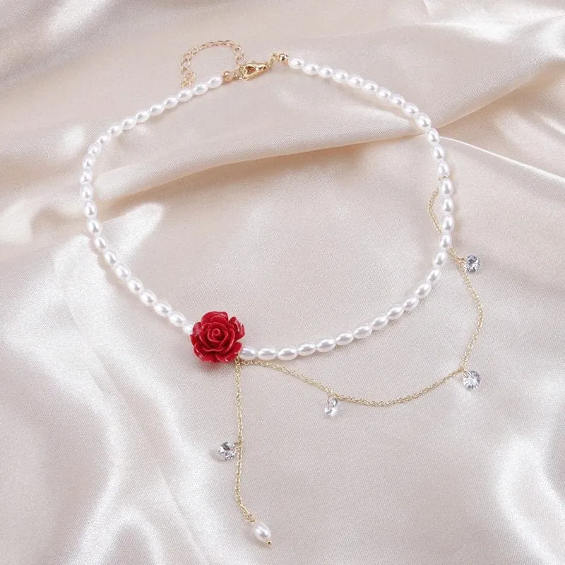 Charming Rhinestone Tassel Rose Pearl Chain Choker Necklace