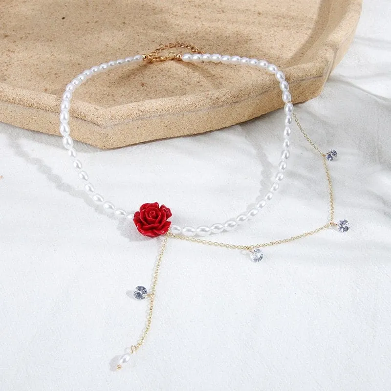 Charming Rhinestone Tassel Rose Pearl Chain Choker Necklace