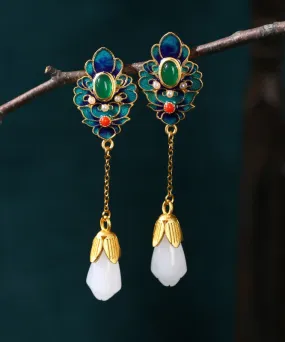 Chic Blue Jade Enamel Agate Orchid Drop Earrings LY2306