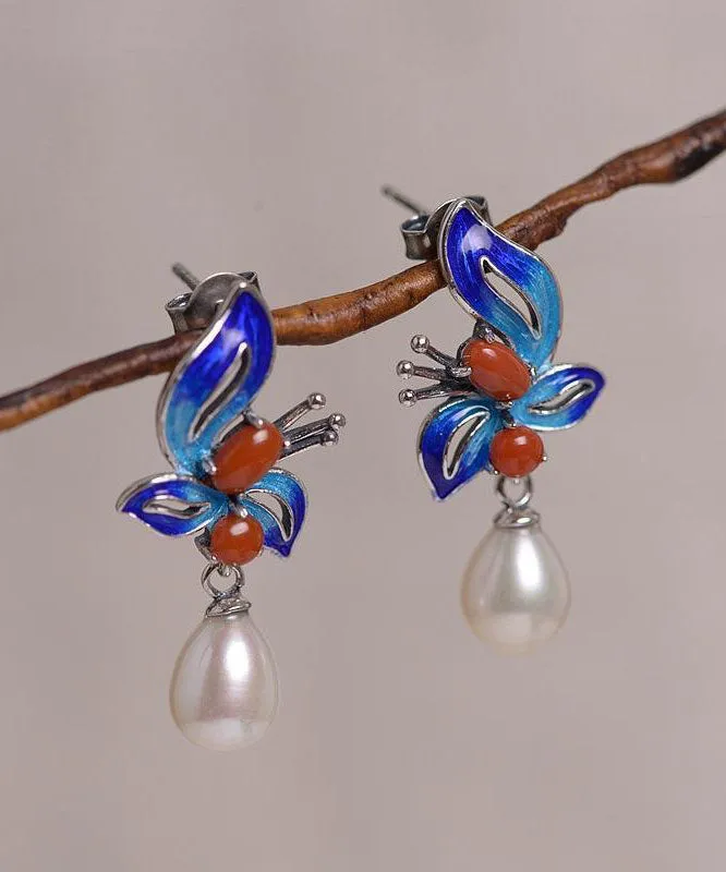 Chic Blue Sterling Silver Cloisonne Jade Pearl Butterfly Stud Earrings TW1052