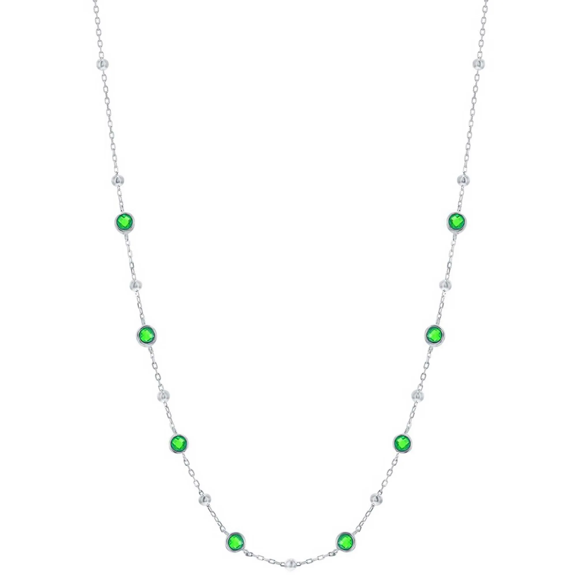 Classic Women's Necklace - Silver Bezel Set Emerald CZ and Bead Station | M-7074-16