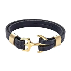 Classy Men Black & Gold Leather Anchor Bracelet