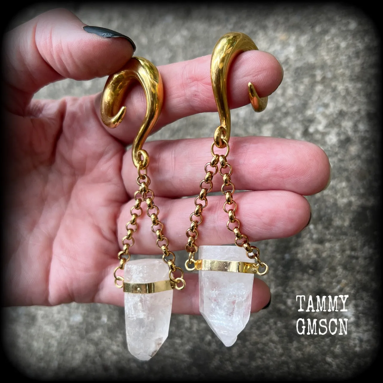 Clear quartz hanging pillar gauged earrings-Quartz ear weights