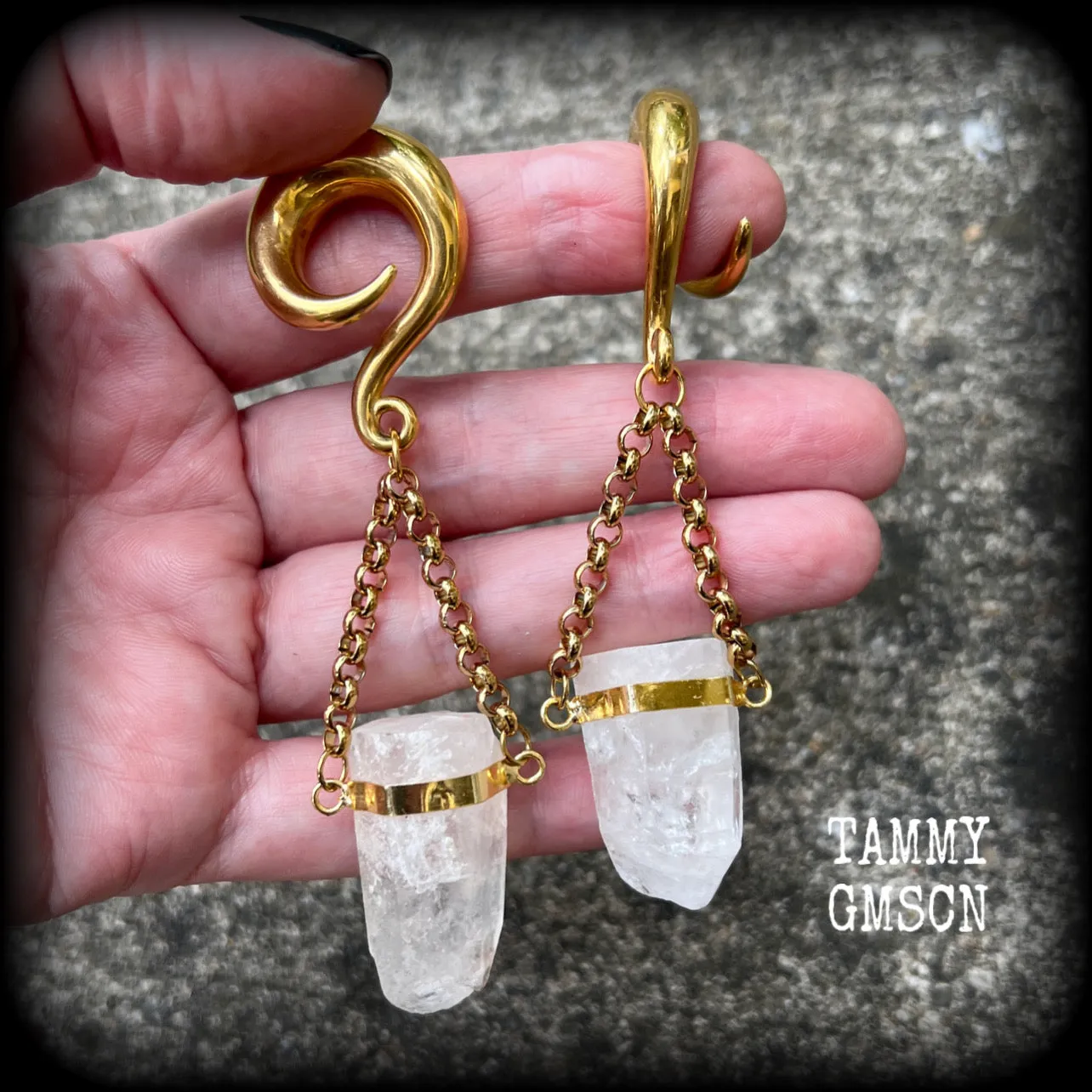 Clear quartz hanging pillar gauged earrings-Quartz ear weights