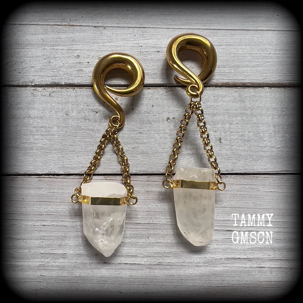 Clear quartz hanging pillar gauged earrings-Quartz ear weights