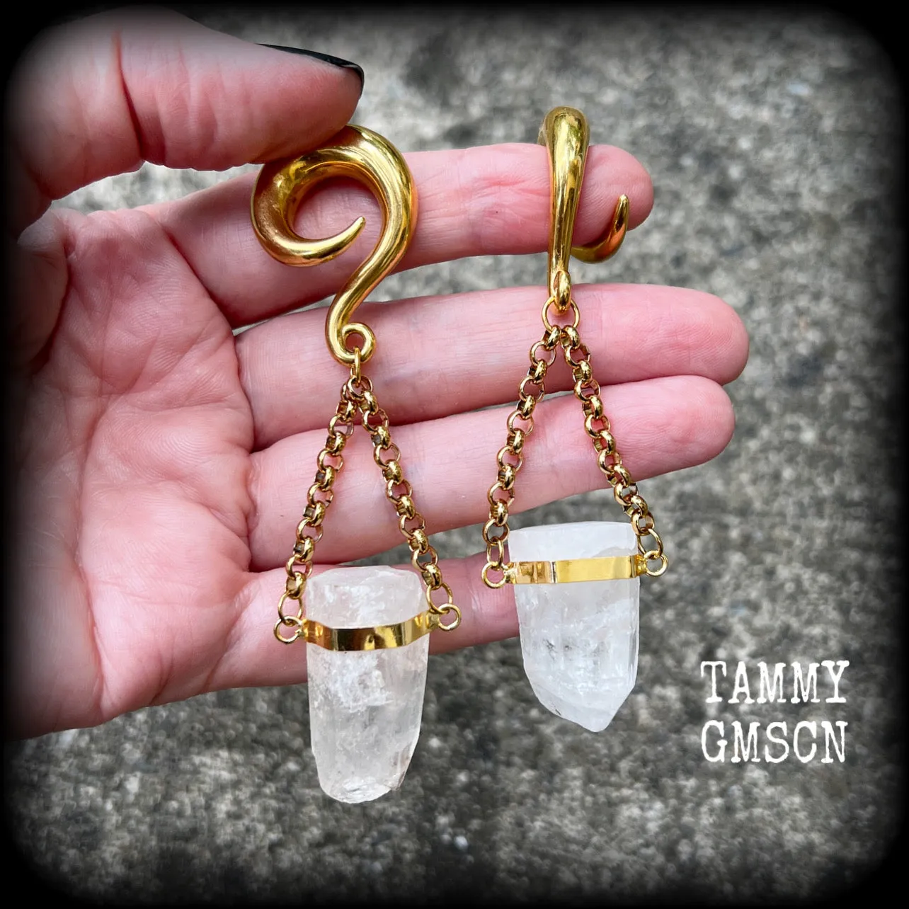 Clear quartz hanging pillar gauged earrings-Quartz ear weights