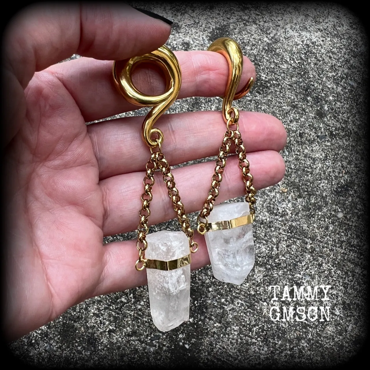 Clear quartz hanging pillar gauged earrings-Quartz ear weights