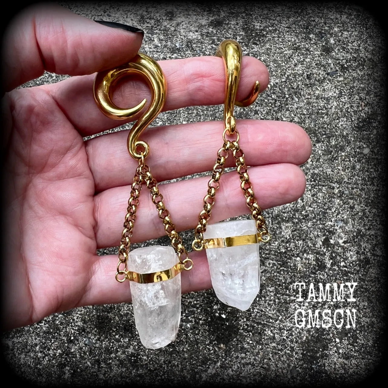 Clear quartz hanging pillar gauged earrings-Quartz ear weights