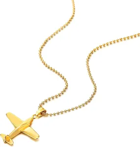 COOLSTEELANDBEYOND Airplane Pendant Necklace Gold Color Stainless Steel Necklace for Men Women, 23.6 inches Ball Chain