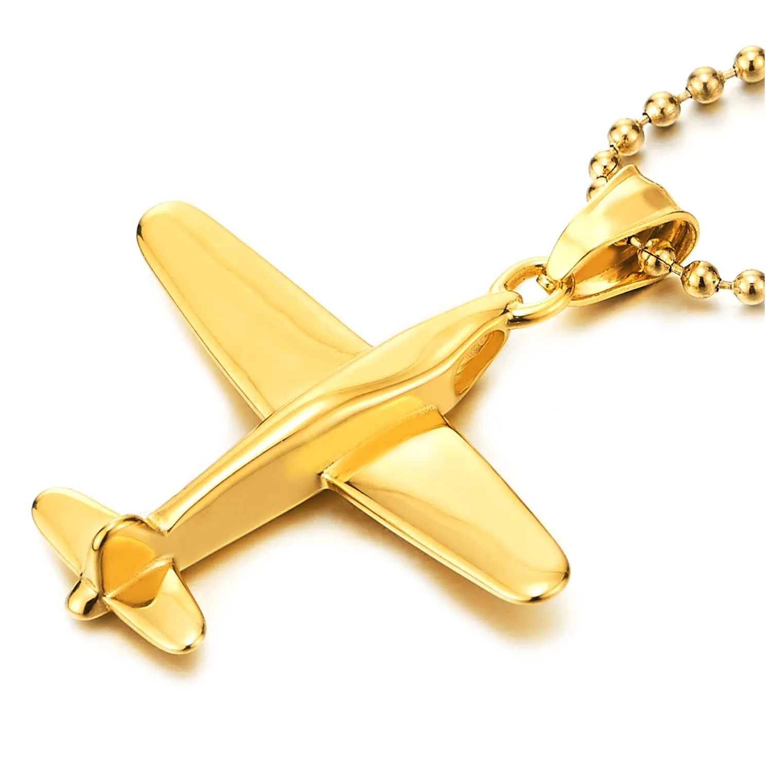 COOLSTEELANDBEYOND Airplane Pendant Necklace Gold Color Stainless Steel Necklace for Men Women, 23.6 inches Ball Chain