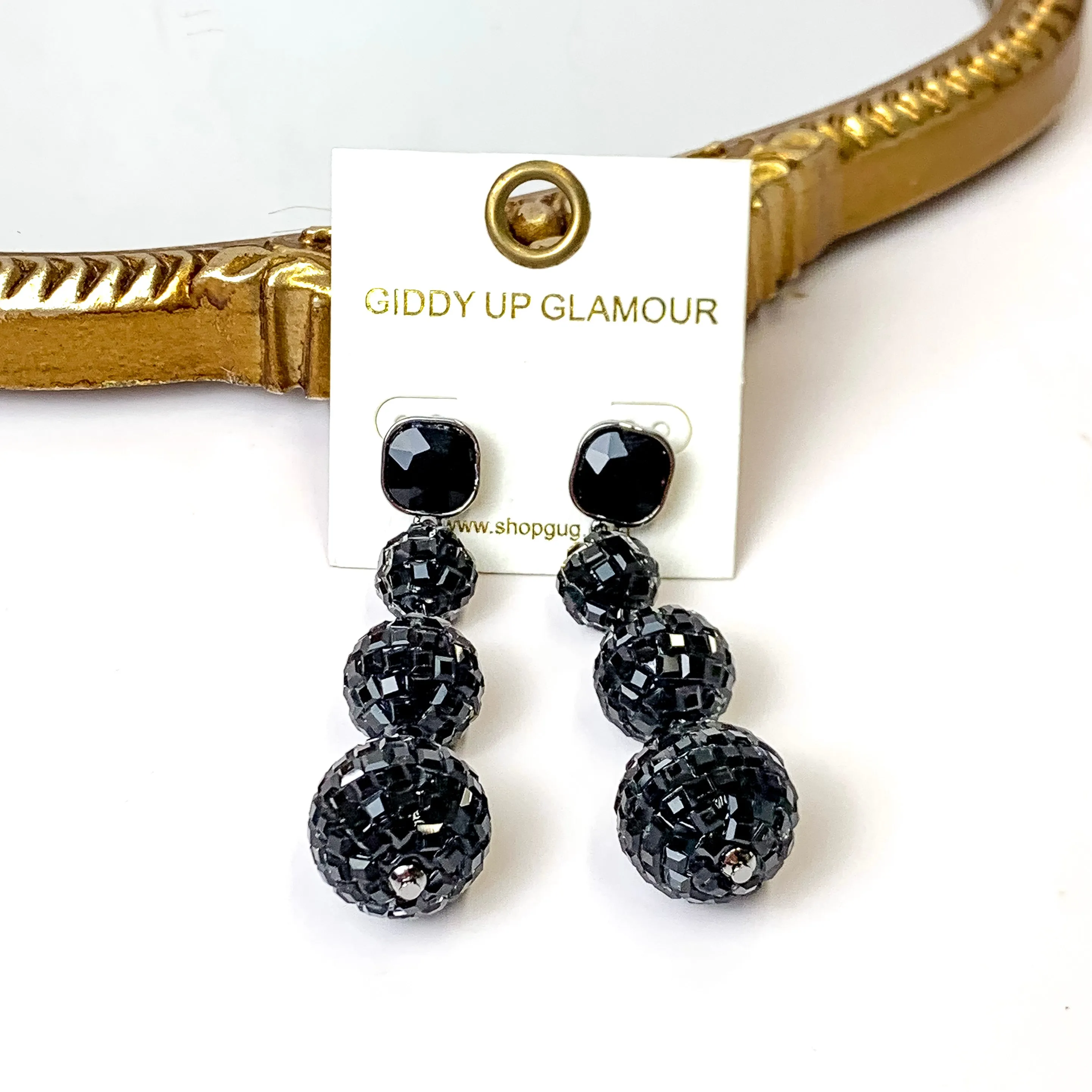 Cushion Crystal Post Disco Ball Dangle Earrings in Black