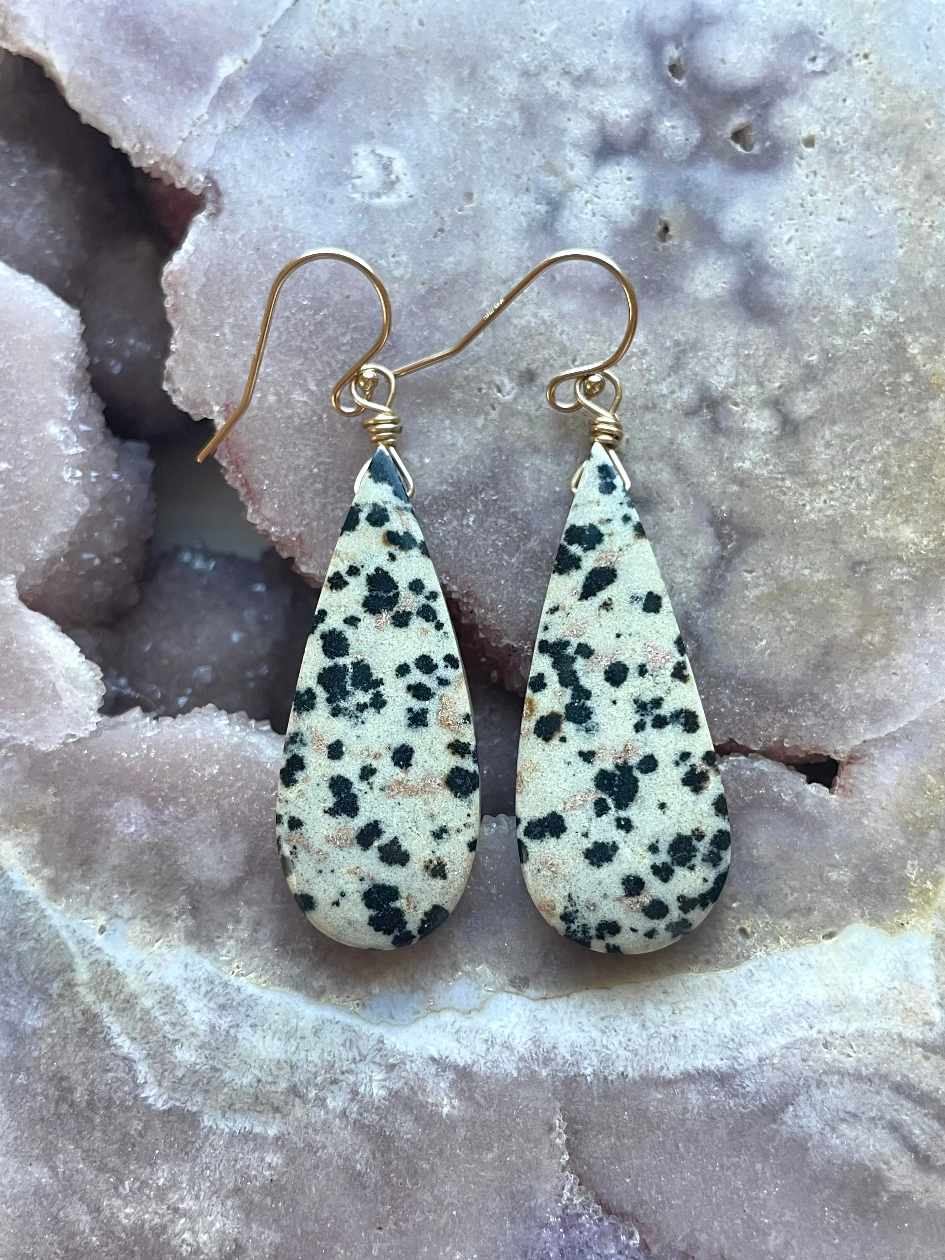 Dalmatian Jasper Dangle Earrings Gold Filled