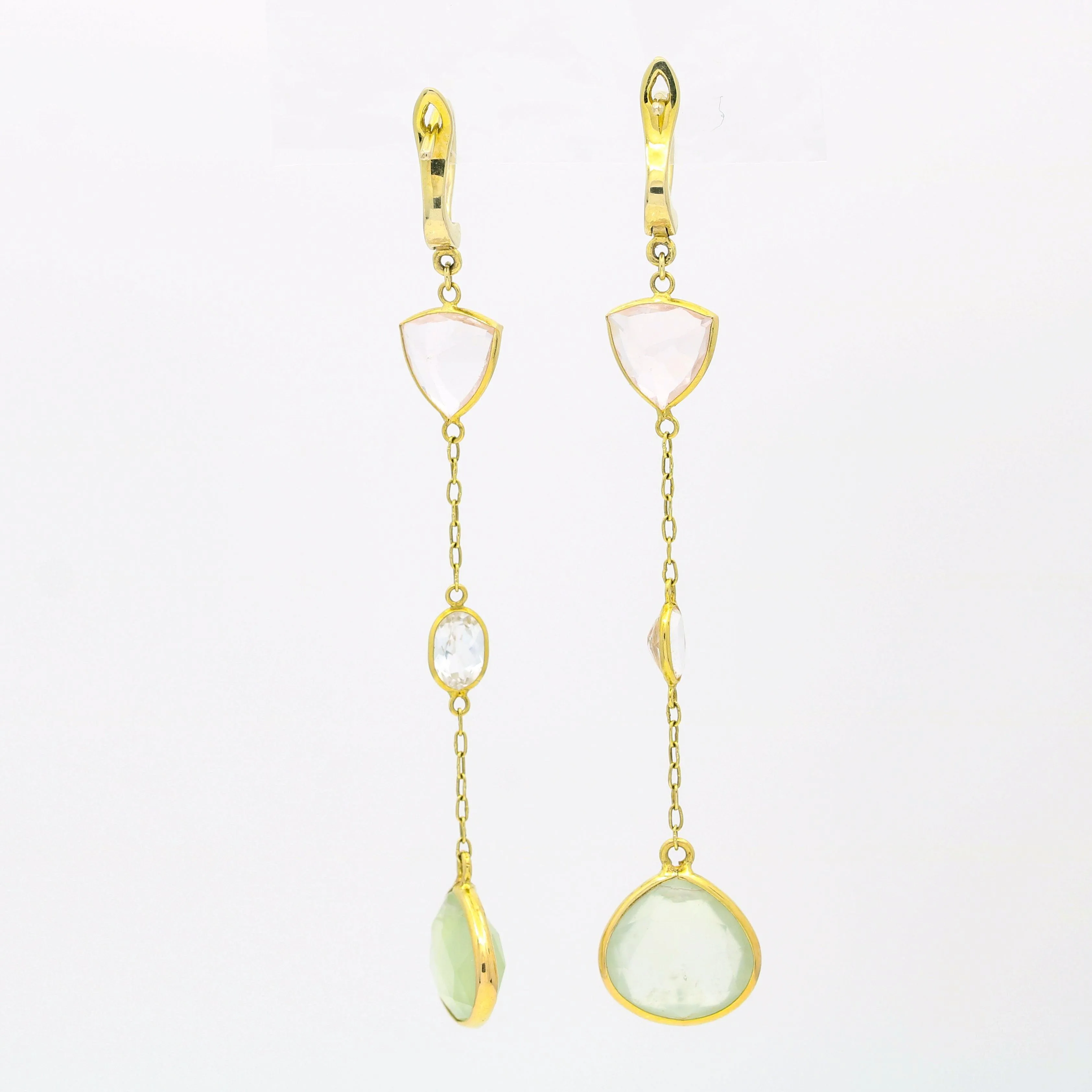 Dangle Drop Pink and Green Quartz Earrings in 14k Yellow Gold