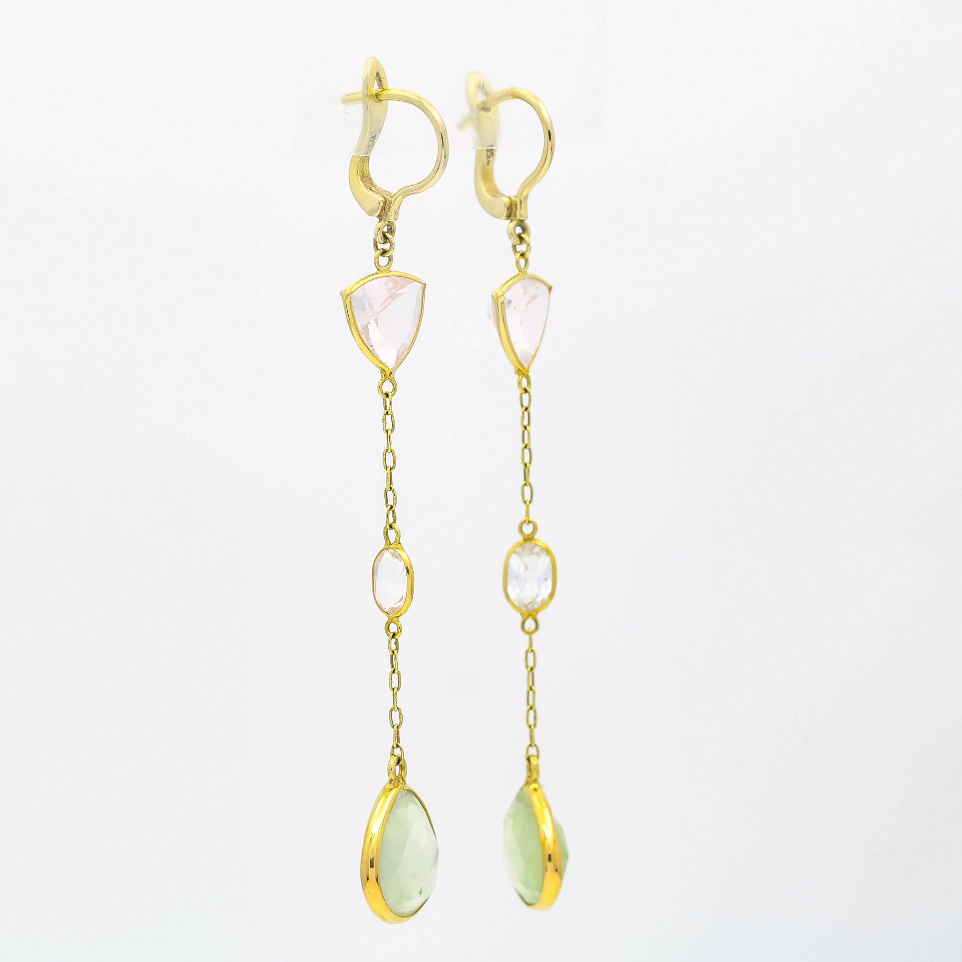 Dangle Drop Pink and Green Quartz Earrings in 14k Yellow Gold