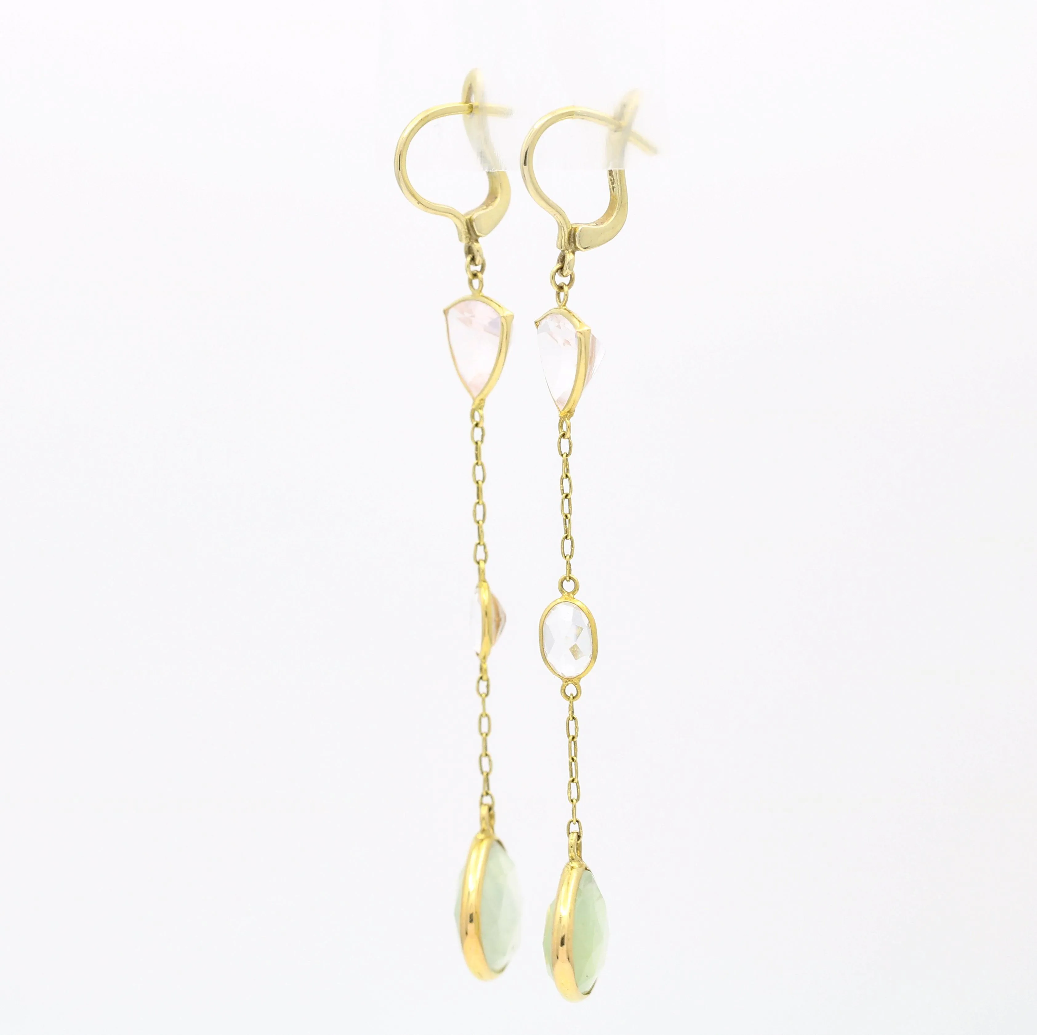 Dangle Drop Pink and Green Quartz Earrings in 14k Yellow Gold