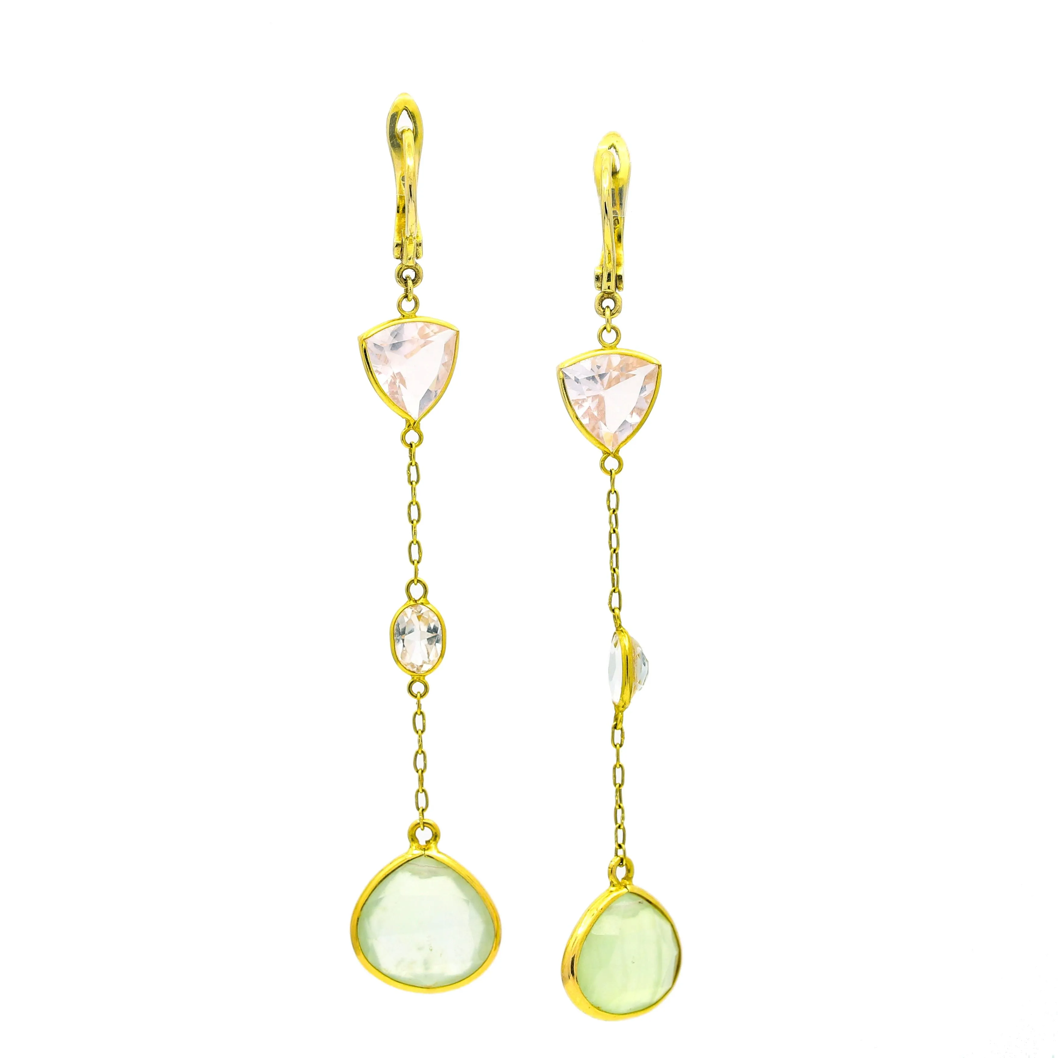 Dangle Drop Pink and Green Quartz Earrings in 14k Yellow Gold