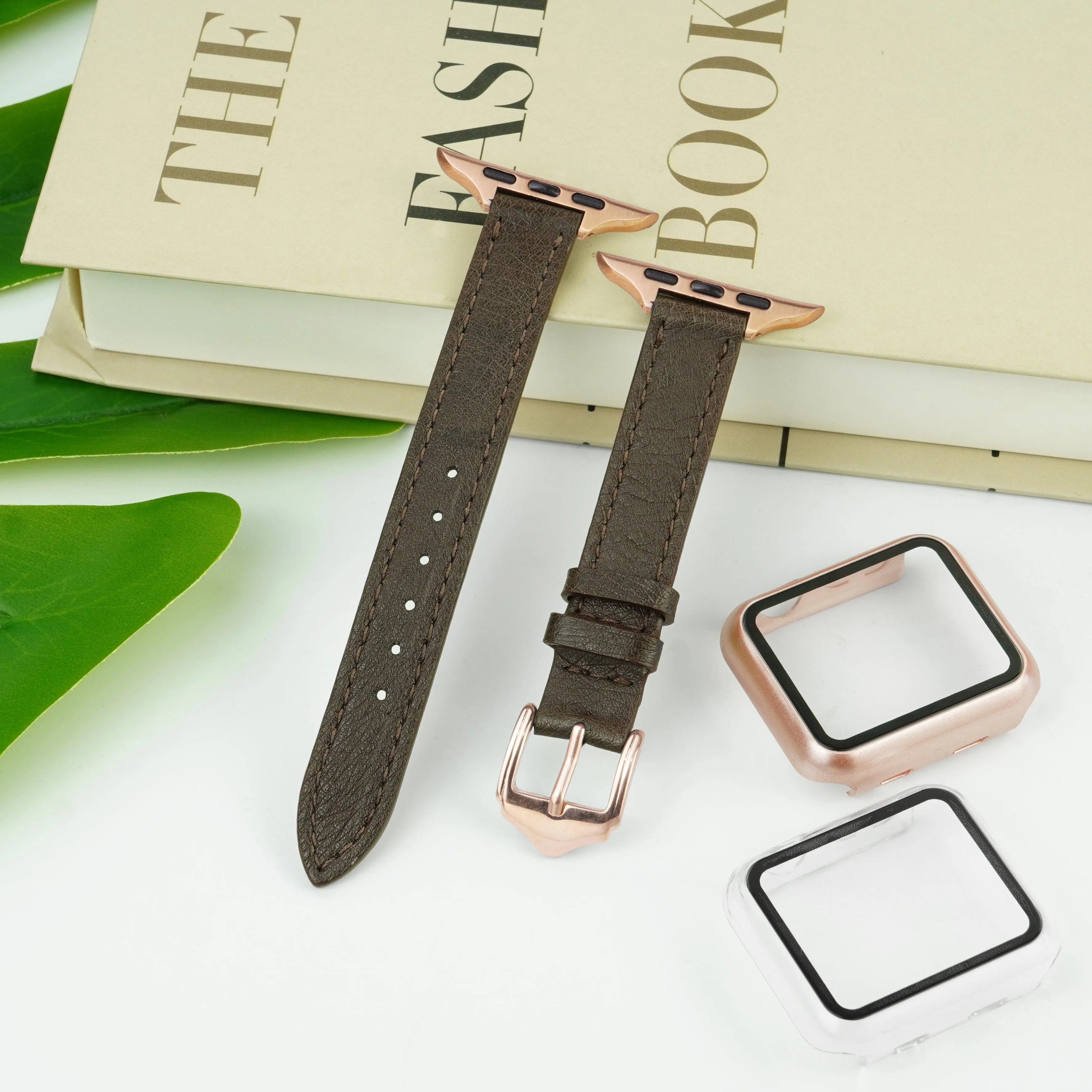 Dark Brown Flat Ostrich Leather Band Compatible Apple Watch Iwatch 42mm Screen Protector Case Gold Adapter Replacement Strap For Smartwatch Series 1 2 3 Leather Handmade AW-183G-W-42MM