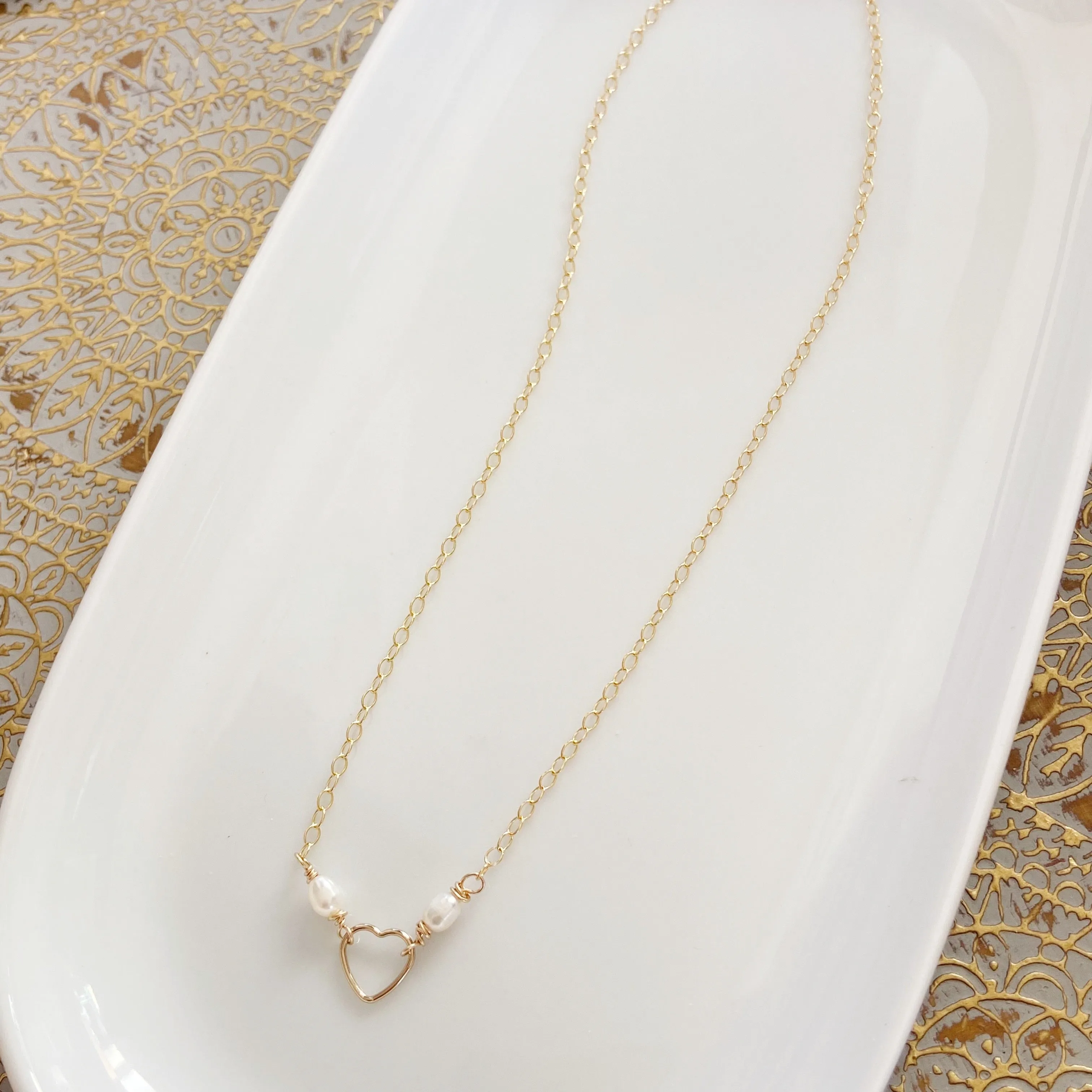 Delicate Pearl Heart Necklace in Gold or Silver (16.5 inches)