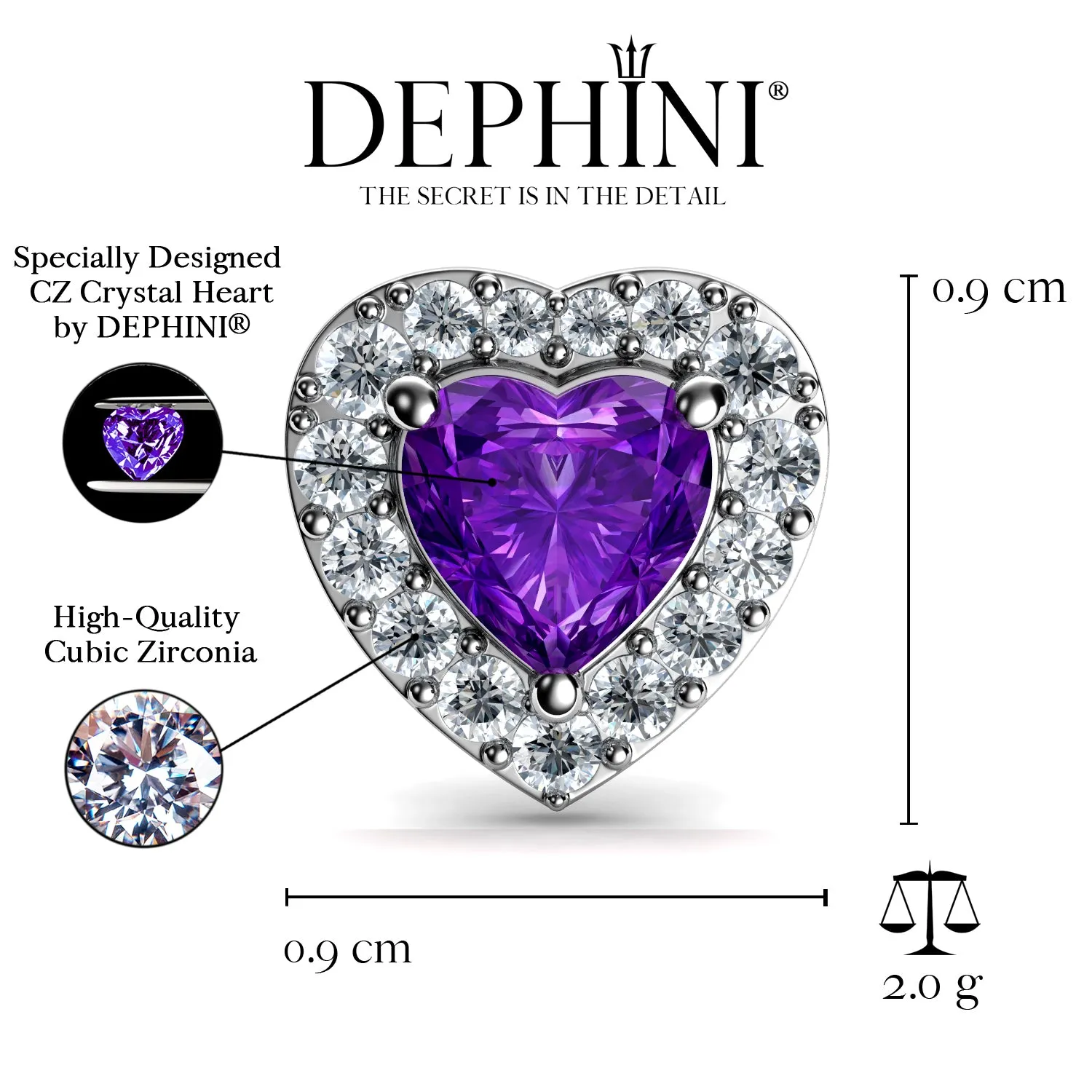 DEPHINI Purple Heart Earrings  925 Sterling Silver Stud Earrings CZ