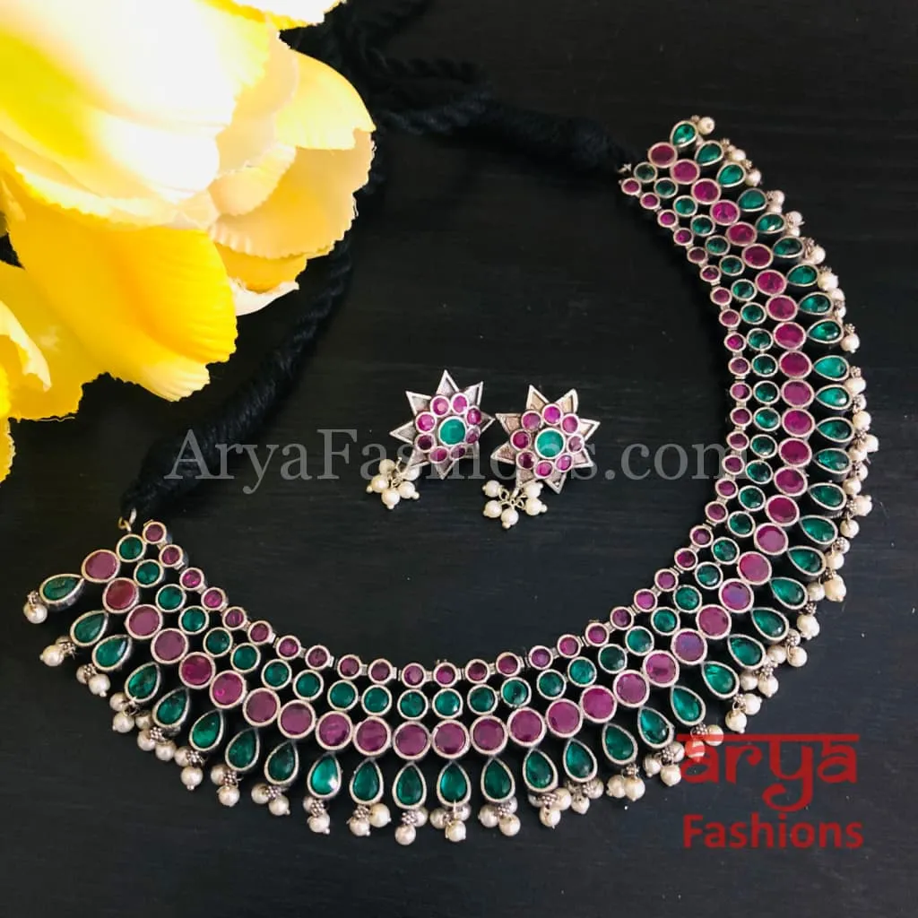 Designer Oxidized Tribal Necklace with Multicolor Stones