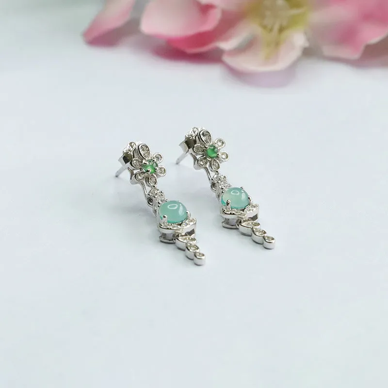 Elegant S925 Sterling Silver Ice Blue Jade Flower Tassel Earrings