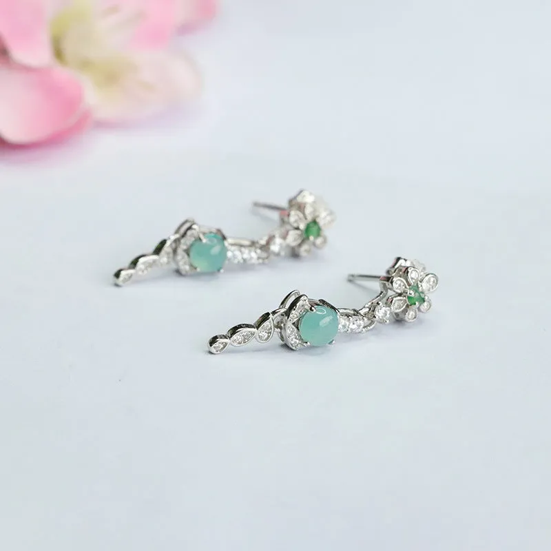 Elegant S925 Sterling Silver Ice Blue Jade Flower Tassel Earrings