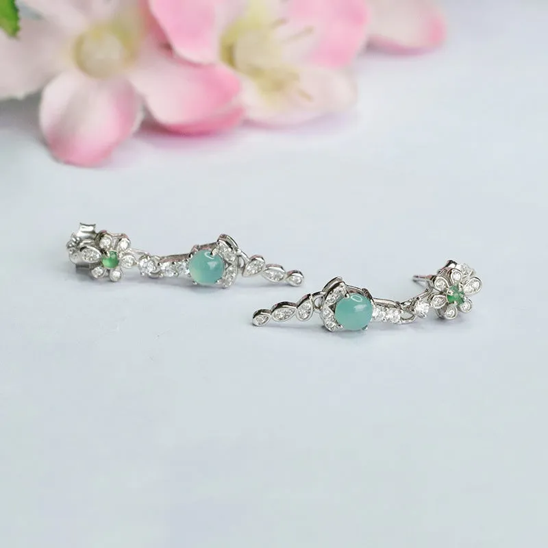 Elegant S925 Sterling Silver Ice Blue Jade Flower Tassel Earrings