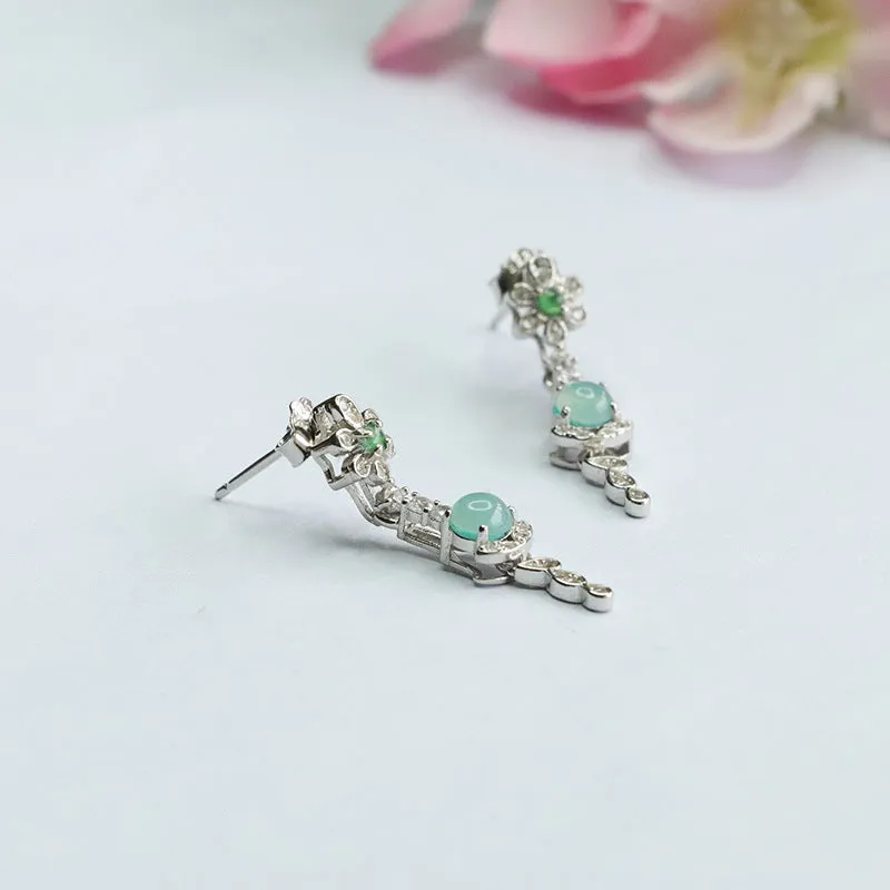 Elegant S925 Sterling Silver Ice Blue Jade Flower Tassel Earrings