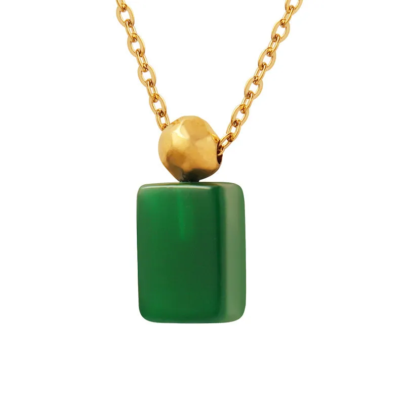 Emerald Glass Pendant Necklace with a Vintage Twist in Gold-Plated Titanium Steel