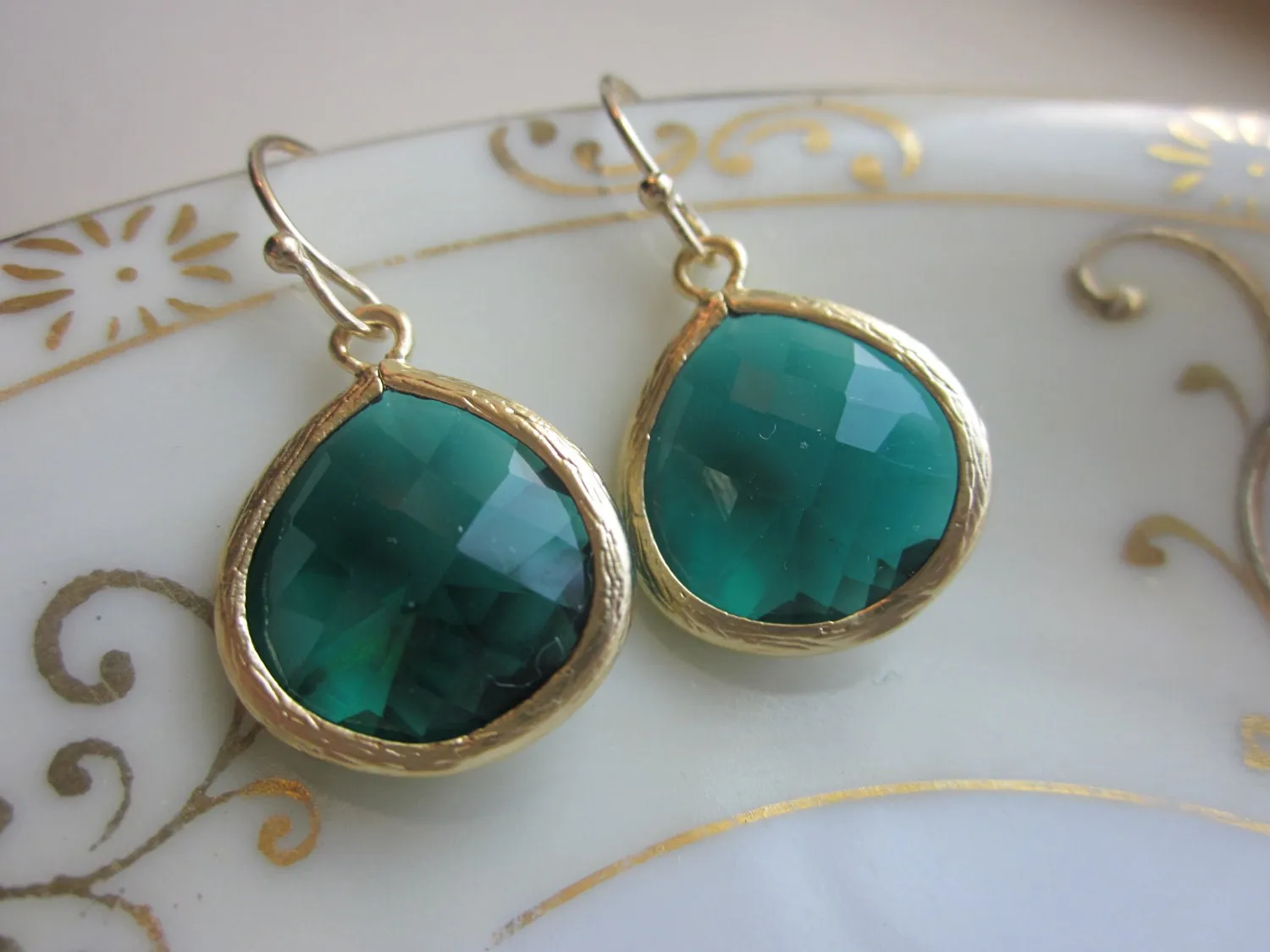 Emerald Green Earrings Gold Plated Large Pendant - Wedding Earrings - Bridal Earrings - Bridesmaid Earrings