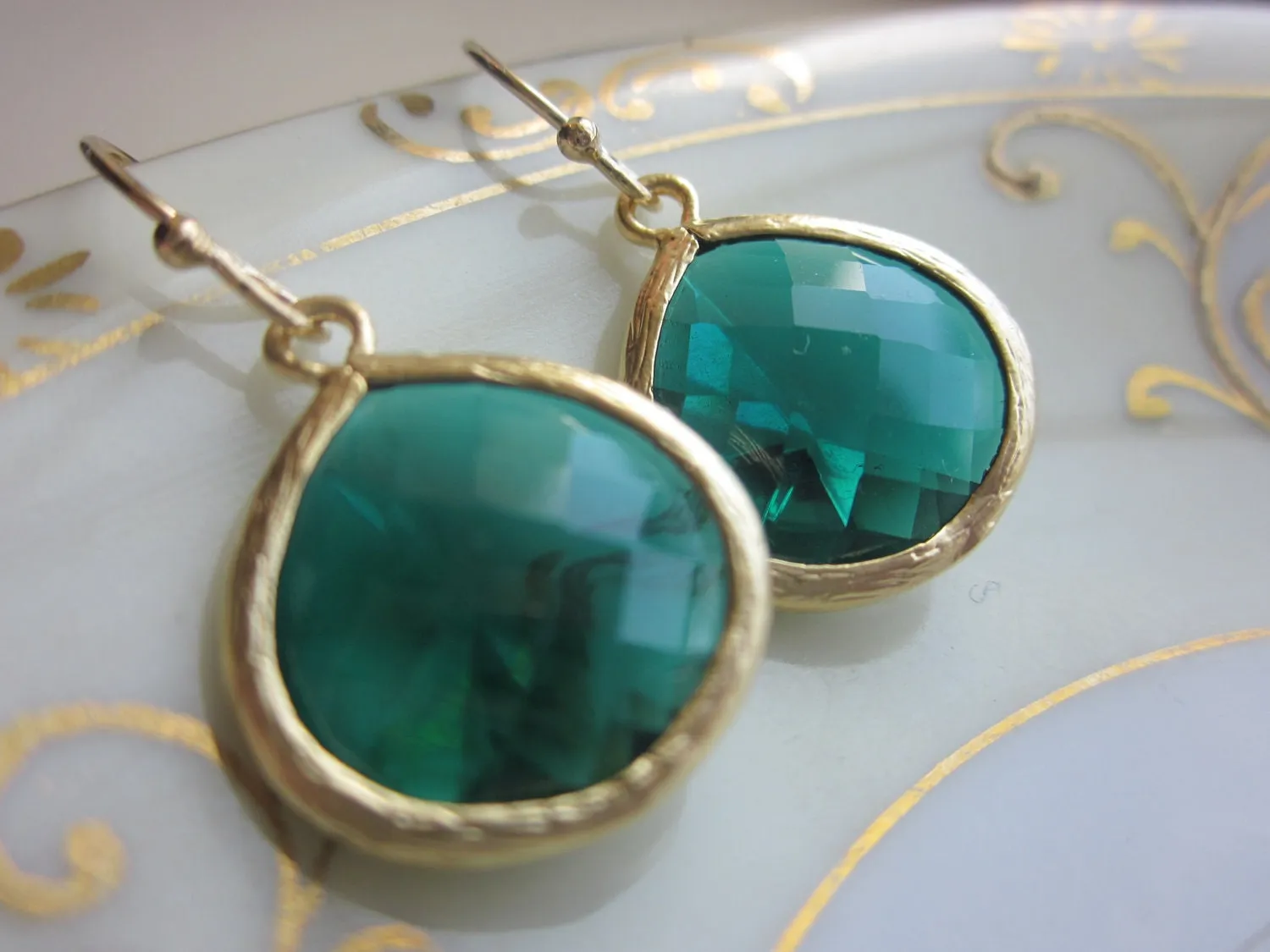 Emerald Green Earrings Gold Plated Large Pendant - Wedding Earrings - Bridal Earrings - Bridesmaid Earrings