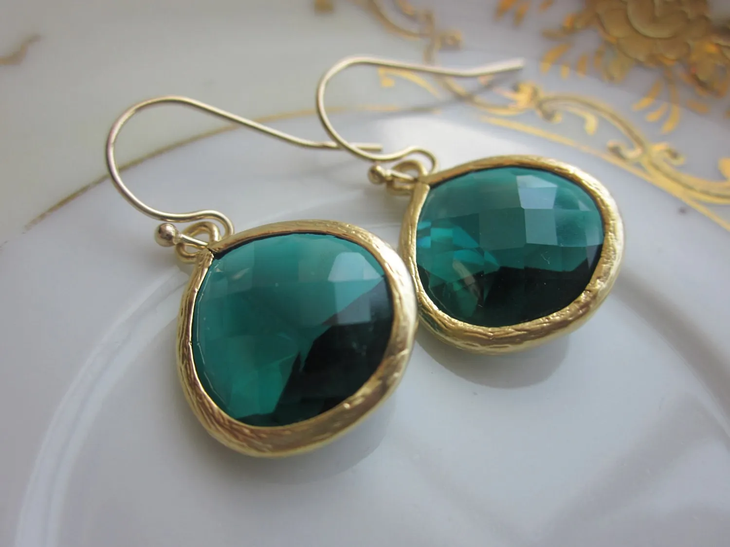 Emerald Green Earrings Gold Plated Large Pendant - Wedding Earrings - Bridal Earrings - Bridesmaid Earrings