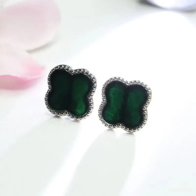 Emerald Jade Clover Earrings in Sterling Silver