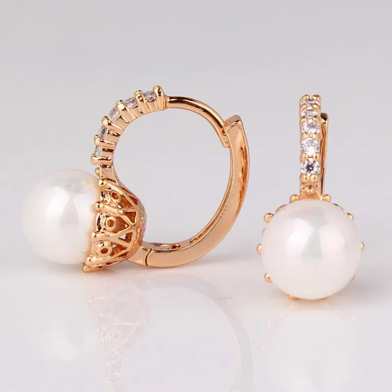 Fashion Round Ball Crystal Zirconia Jewelry 18K Gold Plated Hoop Earrings White/Gray Pearl Wedding Earring for Women