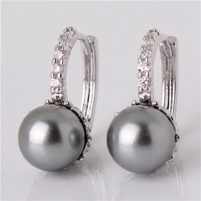 Fashion Round Ball Crystal Zirconia Jewelry 18K Gold Plated Hoop Earrings White/Gray Pearl Wedding Earring for Women