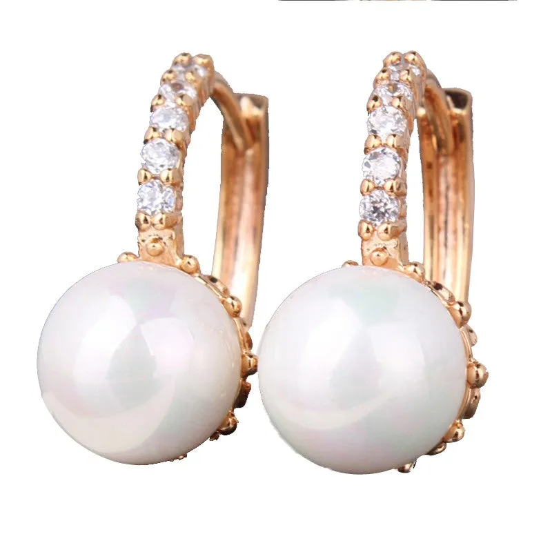 Fashion Round Ball Crystal Zirconia Jewelry 18K Gold Plated Hoop Earrings White/Gray Pearl Wedding Earring for Women