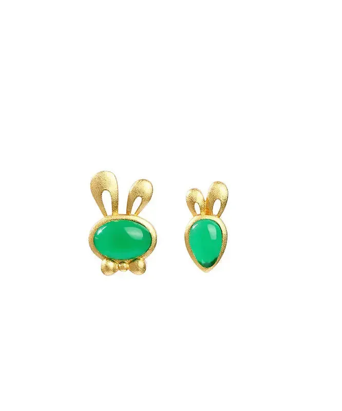 Fine Green Strerling Silver Overgild Jade Little Rabbit And Carrot Stud Earrings LY8606