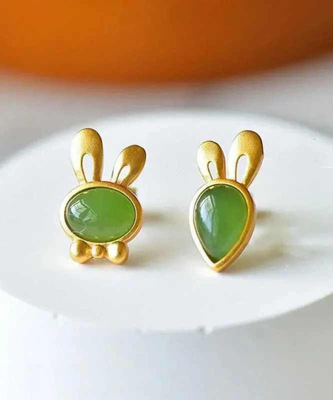 Fine Green Strerling Silver Overgild Jade Little Rabbit And Carrot Stud Earrings LY8606