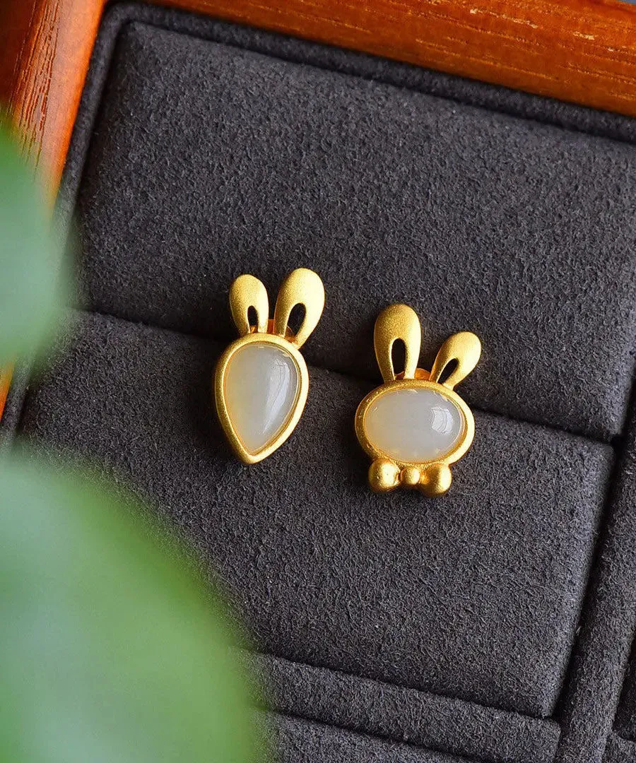 Fine Green Strerling Silver Overgild Jade Little Rabbit And Carrot Stud Earrings LY8606