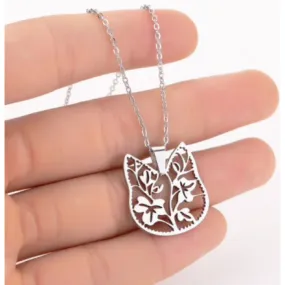 Floral Cat Face Stainless Steel Necklace