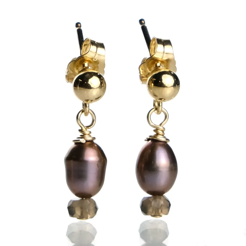 Fresh Water Pearl and Smokey Quartz with Gold Plated Ball Post Earrings