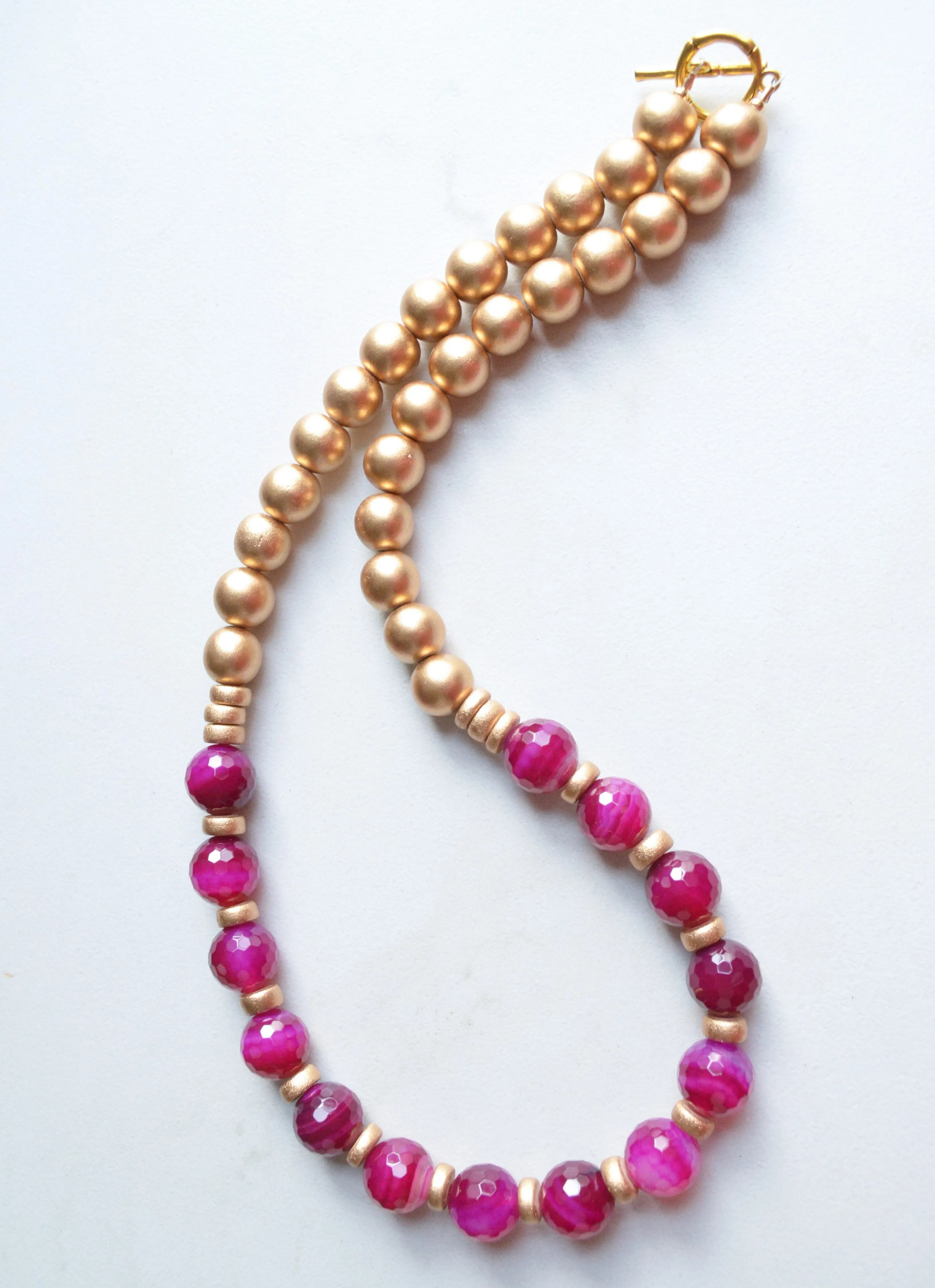 Fuchsia Pink Gold Long Bead Chunky Agate Statement Necklace - Mollie