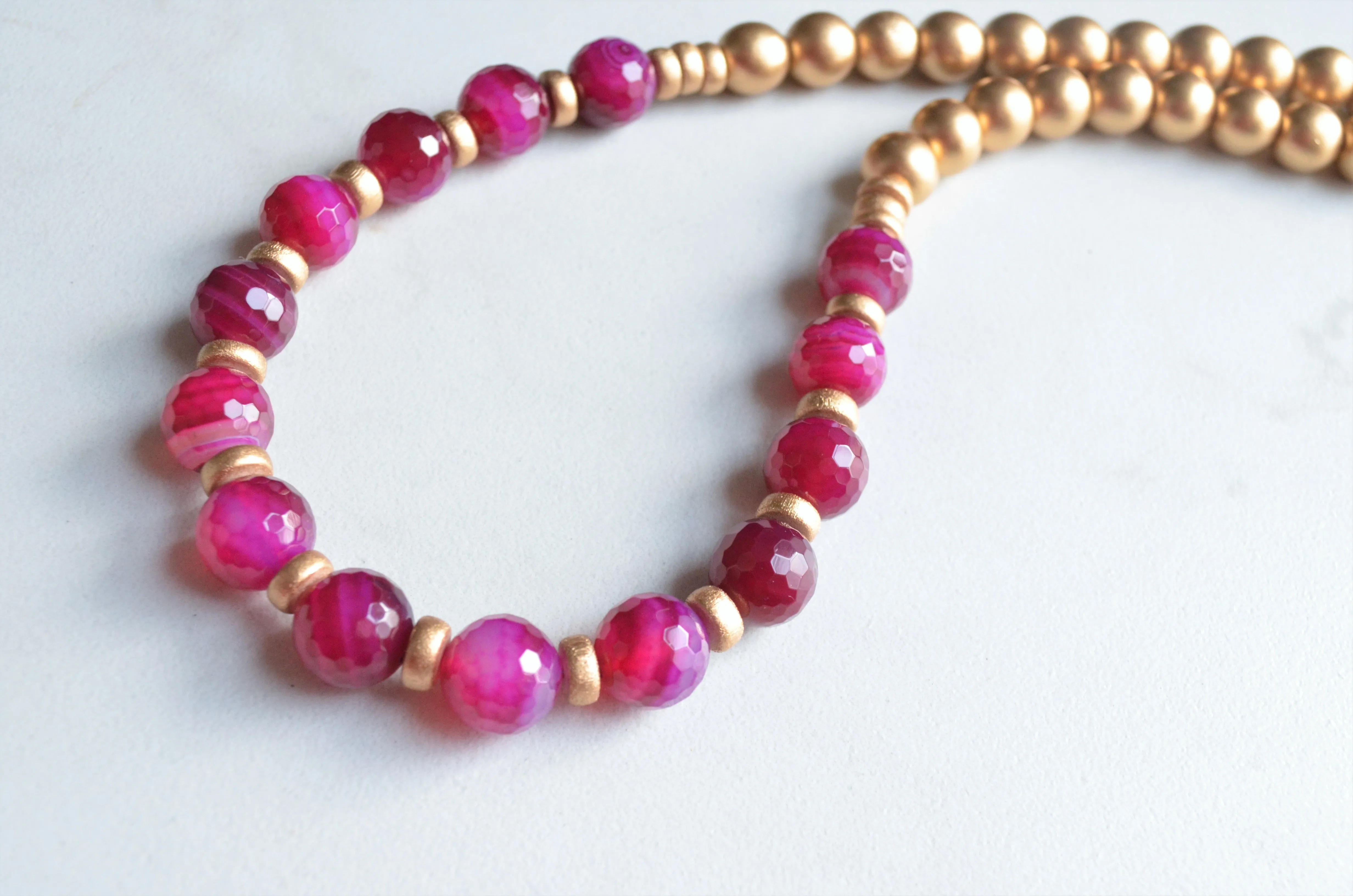 Fuchsia Pink Gold Long Bead Chunky Agate Statement Necklace - Mollie