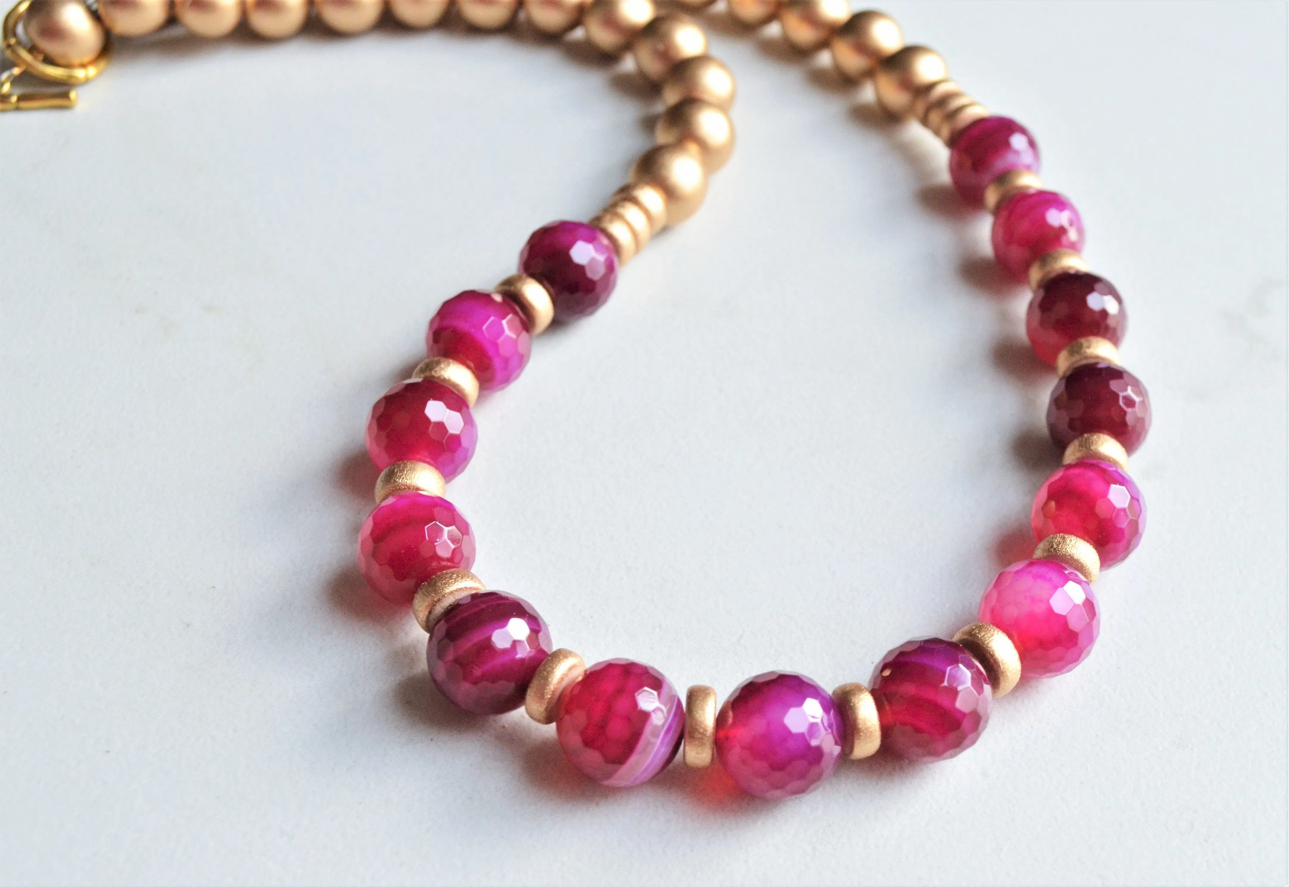 Fuchsia Pink Gold Long Bead Chunky Agate Statement Necklace - Mollie