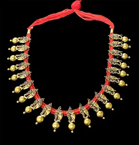 Ganesha Antique tone Oxidized Gold Red Dori Necklace