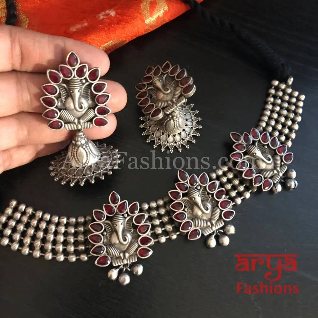 Ganpati Silver Oxidized Tribal Choker Necklace with Jhumka earrings