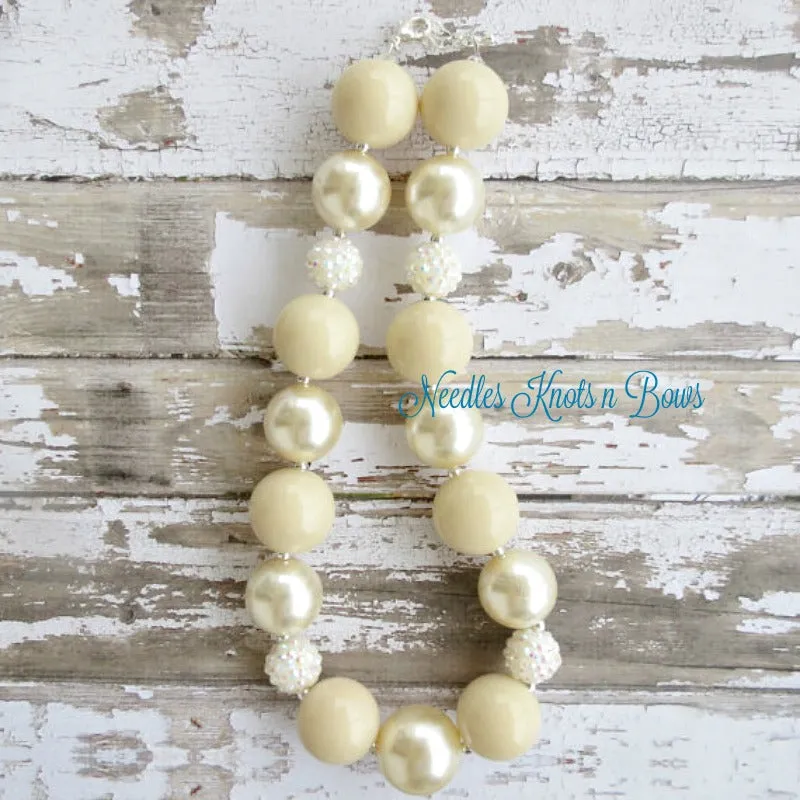 Girls Ivory Chunky Bead Necklace, Ivory Chunky Bead Bubblegum Necklace, Christening, Baptism Necklace