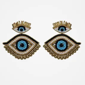 Gold and Aqua Beaded Double Eye drop Earrings