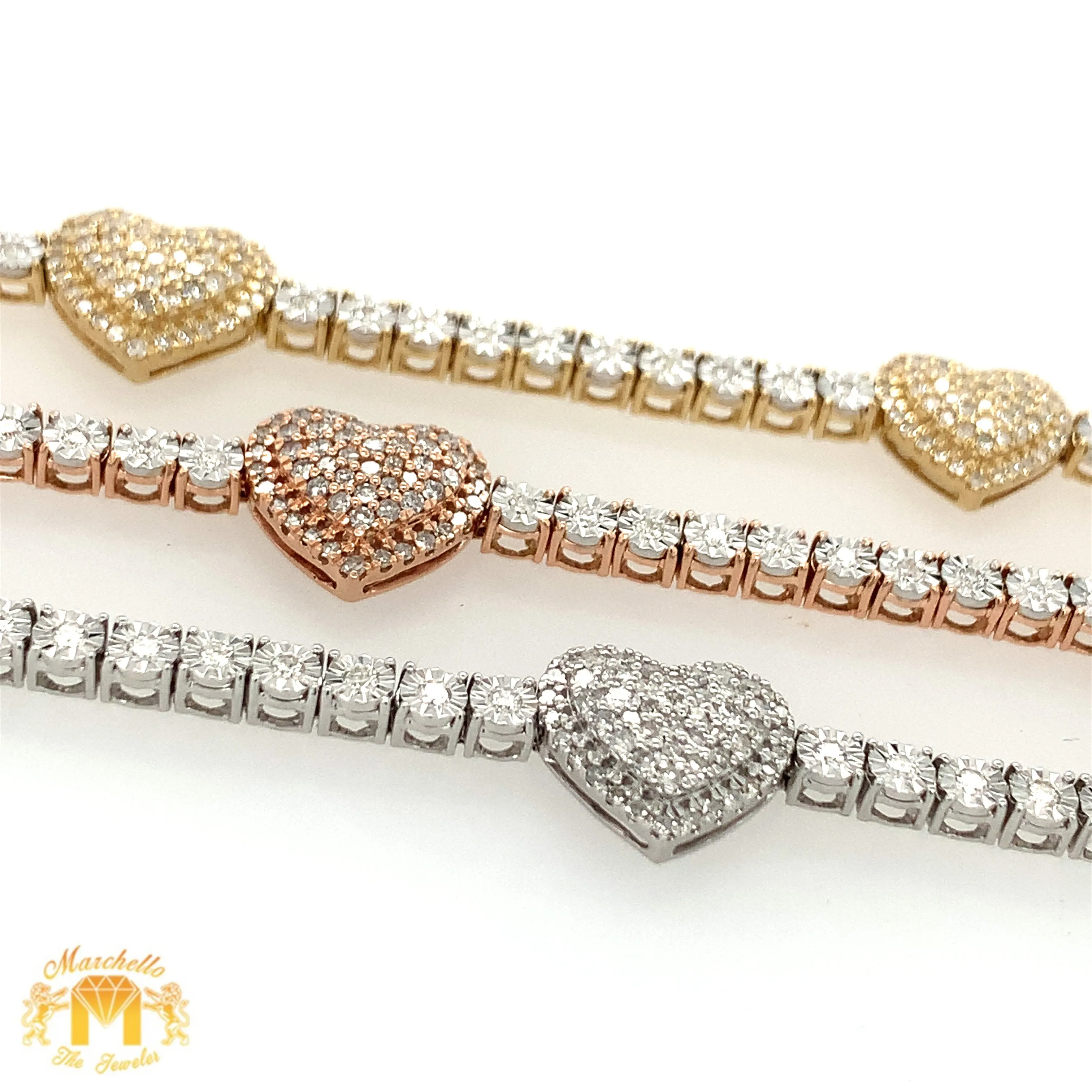 Gold and Diamond Three Hearts Tennis Bracelet (choose your color)