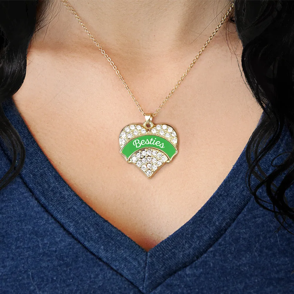 Gold Emerald Green Besties Pave Heart Charm Classic Necklace